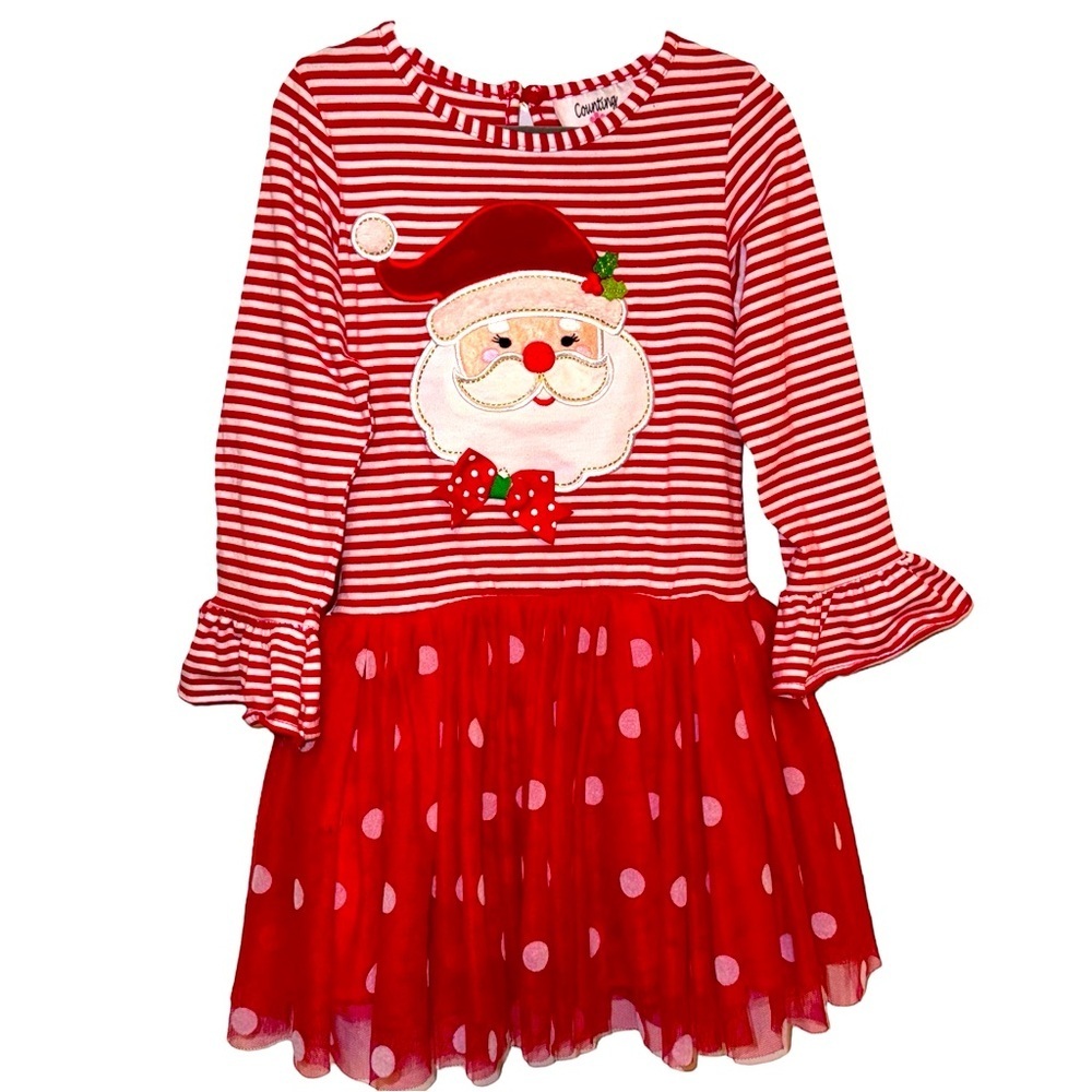 Counting Daisies Sz 4T Striped Long Sleeve Dress Appliquéd Santa PolkaDot Skirt
